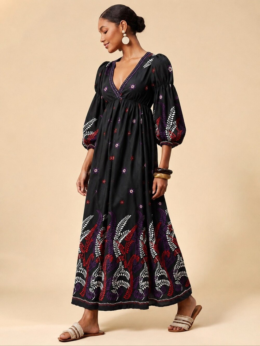 Zara Boho Embroidered Black Maxi Dress Cottagecore M